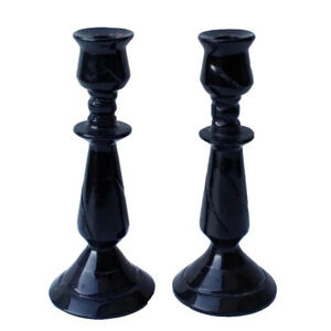 Vintage Pair Retro Black Carved Marble Candlesticks Home Decor